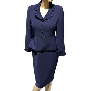 Albert Nipon Evening Beaded Navy Blue Jacket Pencil Skirt Suit 2 Piece Set 8P